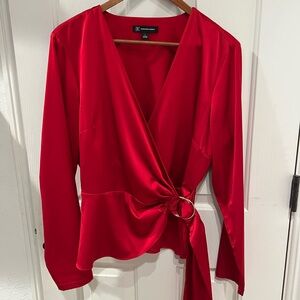 INC Red Wrap Blouse with Gold Ring Detail